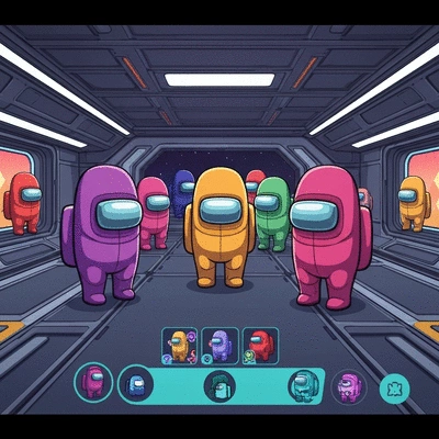 Among Us crewmates and imposters on a spaceship, mobile game interface, no text, no words, no typography, clean image