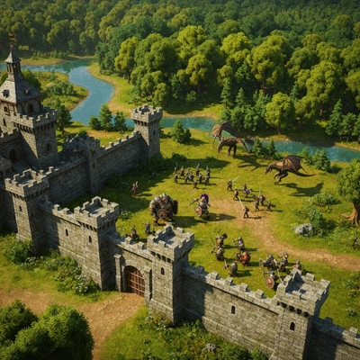 Overhead view of a fantasy RTS game battlefield with diverse units and base structures