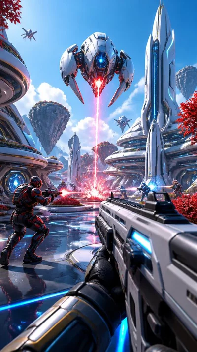 Futuristic first-person shooter game scene with vibrant sci-fi elements
