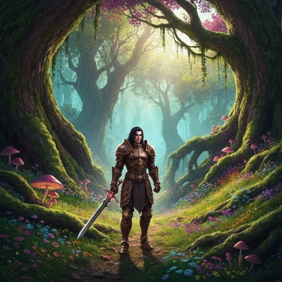Fantasy game character exploring a lush forest