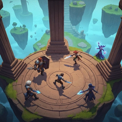 Overhead view of a fantasy arena battle with multiple stylized game characters engaged in combat, showcasing different hero types and abilities
