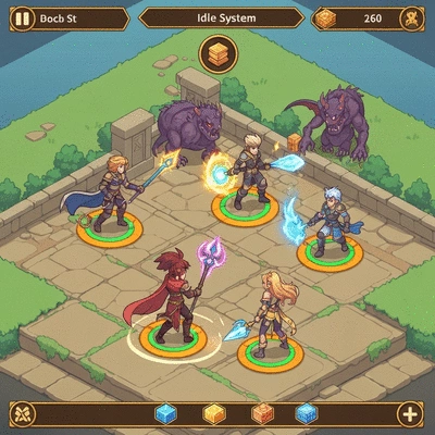 Isometric view of fantasy RPG heroes battling on a game screen, showing idle mechanics and resource collection