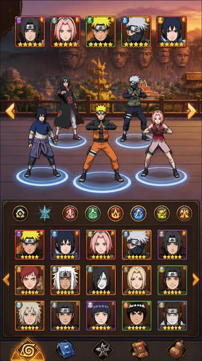 Naruto Online Mobile Ninja Battles character selection screen showing various ninjas with their stats