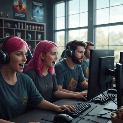 Diverse group of gamers enthusiastically engaging in a League of Legends community event