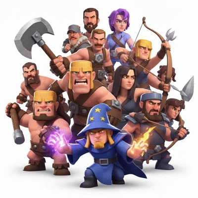 A diverse group of Clash of Clans characters, including Barbarians, Wizards, and Archers, standing together, ready for battle