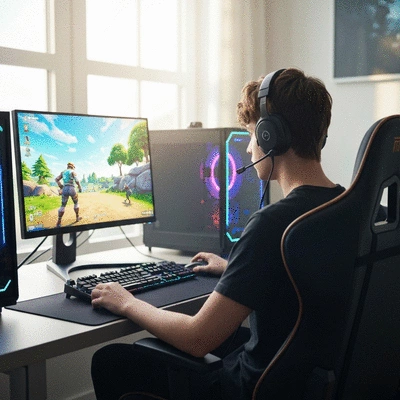 Gamer with headset focused on competitive Fortnite gameplay