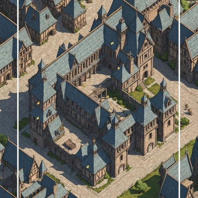 Stylized overhead view of a medieval city building in Game of Thrones Winter is Coming, with resource icons, no text, no words, no typography, no labels, clean image