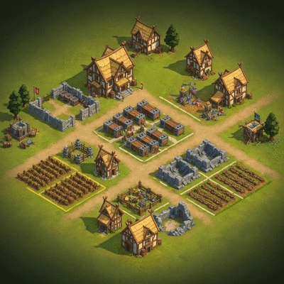 Isometric view of a well-developed Travian village with various buildings and resources
