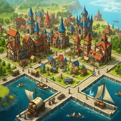 Fantasy city with diverse buildings and active trade routes, representing Elvenar's city-building and trade aspects, no text, no words, no typography, clean image