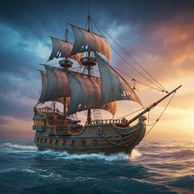 Stylized pirate ship sailing on a vast ocean under a dramatic sky, representing exploration