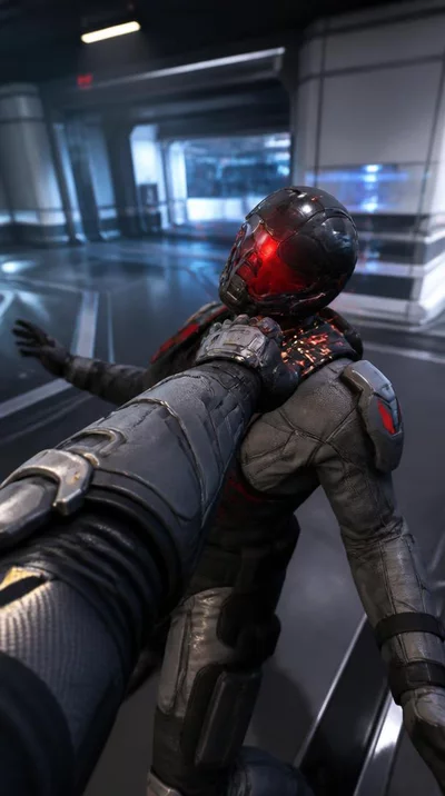 Dynamic combat scene from a first-person shooter with a player performing a melee attack