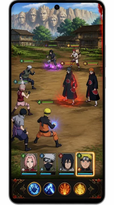 Naruto Online Mobile Ninja Battles screenshot showing a turn-based battle with multiple ninja characters