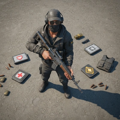 Close-up of a player character in a top-down battle royale game, holding a weapon and surrounded by loot items