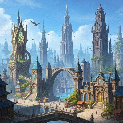Fantasy city with elven and human architecture, vibrant, detailed, no text, no words, no typography, 8K