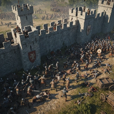 Overhead view of a medieval battle in progress, showing armies clashing and castle defenses under attack