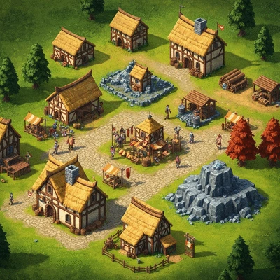 Isometric view of a medieval settlement with various buildings and resources in The Settlers Online, no text, no words, no typography