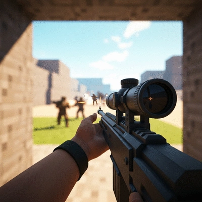 First-person view of a player aiming a sniper rifle in a blocky FPS game, clean image