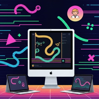 People on various devices, phones, tablets, laptops, engaging in a Slither.io community forum or social media group, with game graphics subtly in the background, no text, no words, no typography