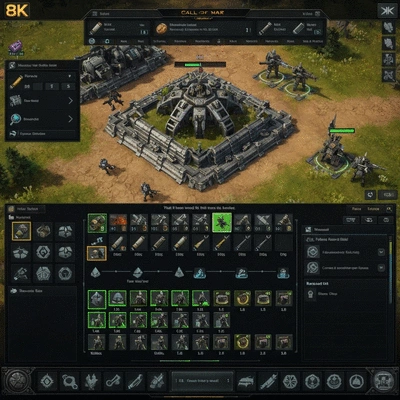 Player interacting with a game interface showing resource management, military units, and research tree in Call of War