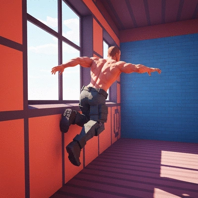 Player character wall-running in a blocky FPS game environment