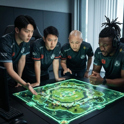 Dota 2 team planning strategy on a digital map