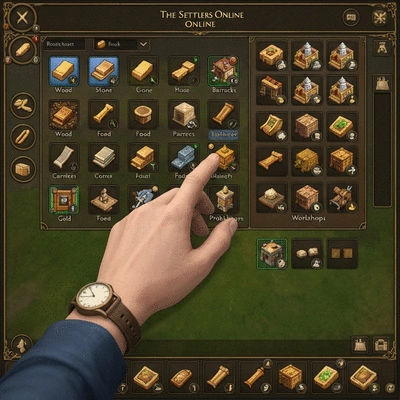 Close-up of a player's hand managing resources and buildings on a digital game interface, no text, no words, no typography