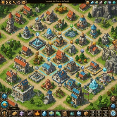 Overhead view of a fantasy city with resource icons and production buildings, strategic, detailed, no text, no words, no typography, 8K