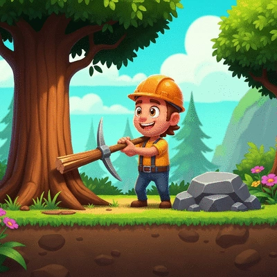 Cartoon-style Moomoo.io game character collecting wood in a game environment