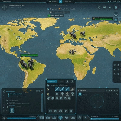 Player managing resources and military units on a global map interface