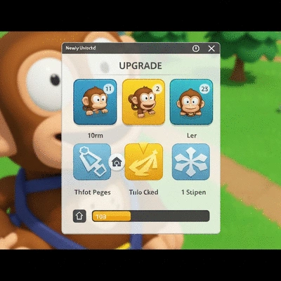 Close-up of a monkey tower upgrading in Bloons TD 6, showing the upgrade interface and new abilities