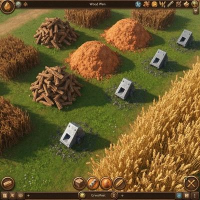 Overhead view of Travian resource fields with wood, clay, iron, and wheat icons