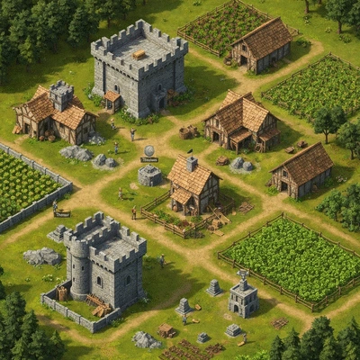 Isometric view of a medieval village with various buildings under construction