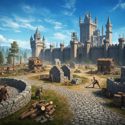 Medieval castle being built in a fantasy world, with various buildings under construction and resources being gathered