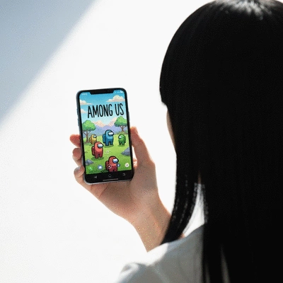 Person holding a smartphone playing Among Us, bright and clean background, no text, no words, no typography, clean image