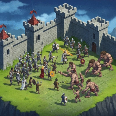 Isometric view of a medieval fantasy battle in Lordz.io with various units clashing near a fortified castle