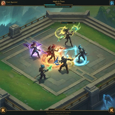 League of Legends champions battling in a vibrant arena, viewed from an isometric perspective