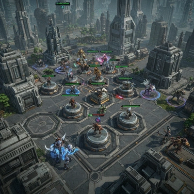Overhead view of a futuristic real-time strategy game with base building and units