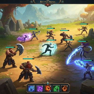 Screenshot of intense team combat in Battle Arena, with diverse heroes using unique abilities on a vibrant fantasy battlefield, no text, no words, no typography