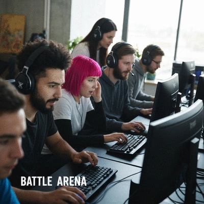 Diverse group of gamers communicating and collaborating while playing Battle Arena on computers, illustrating teamwork and strategic planning, no text, no words, no typography