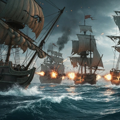 Intense naval combat scene with multiple pirate ships firing cannons, dramatic lighting