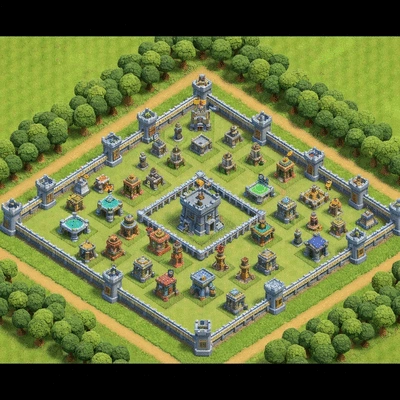 Isometric view of a Clash of Clans village with various buildings and defenses, surrounded by a lush green landscape