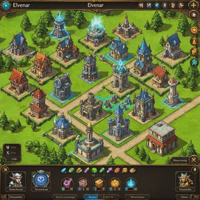 Detailed city-building interface in Elvenar, showing various buildings, resource indicators, and a clean map layout, no text, no words, no typography, clean image
