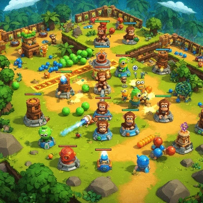 Detailed top-down view of Bloons TD 6 gameplay with monkey towers attacking waves of bloons on a colorful map