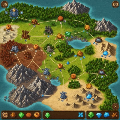 Overhead view of a strategic map with resource icons and player territories highlighted