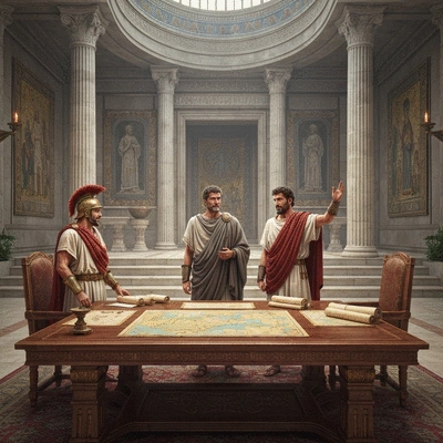 Ancient Greek leaders negotiating a treaty in a stylized setting