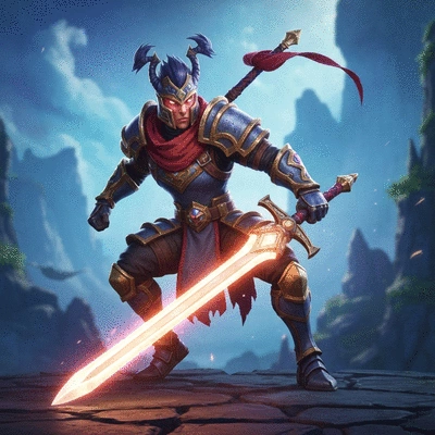 Stylized game character, warrior class, in a dynamic pose with glowing sword, set against a fantasy backdrop