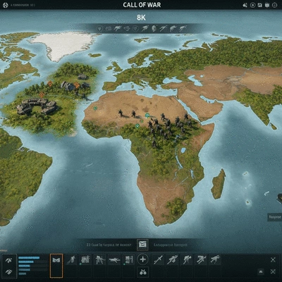 Detailed world map with military unit icons and strategic markers, representing Call of War gameplay
