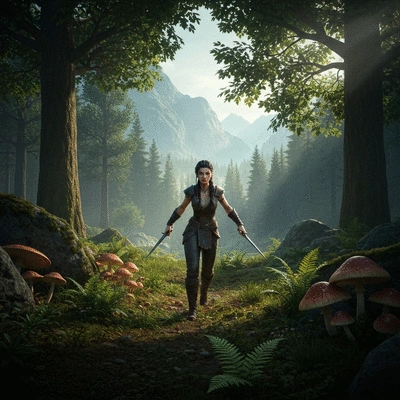 Fantasy game character exploring open world