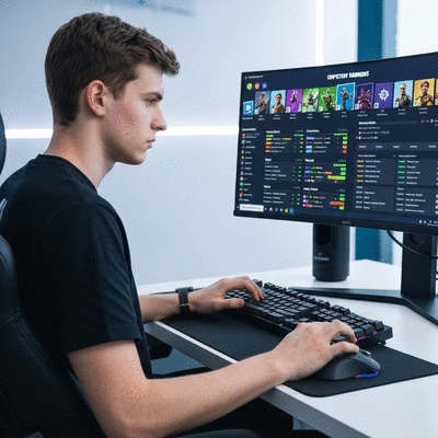 Fortnite player studying competitive rankings on a screen