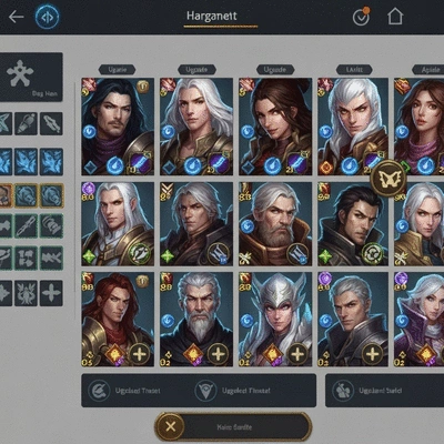 Close-up of a mobile game UI showing hero management screen with character portraits and upgrade options